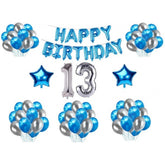 Multicolor Happy Birthday foil balloon combo with blue & silver metallic balloons, eco-friendly and non-toxic for children celebrations