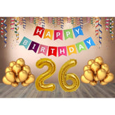 Multi-color Happy Birthday decoration combo with gold foil banner & balloons, eco-friendly for children's celebrations