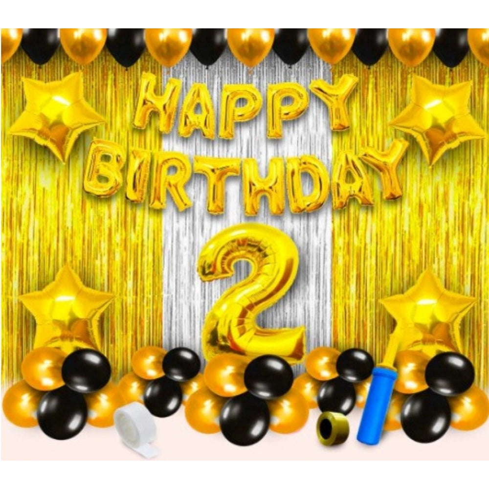Multicolor 2nd birthday golden theme decoration set, eco-friendly, non-toxic balloons, stars, curtain, ribbon, glue dot, hand pump