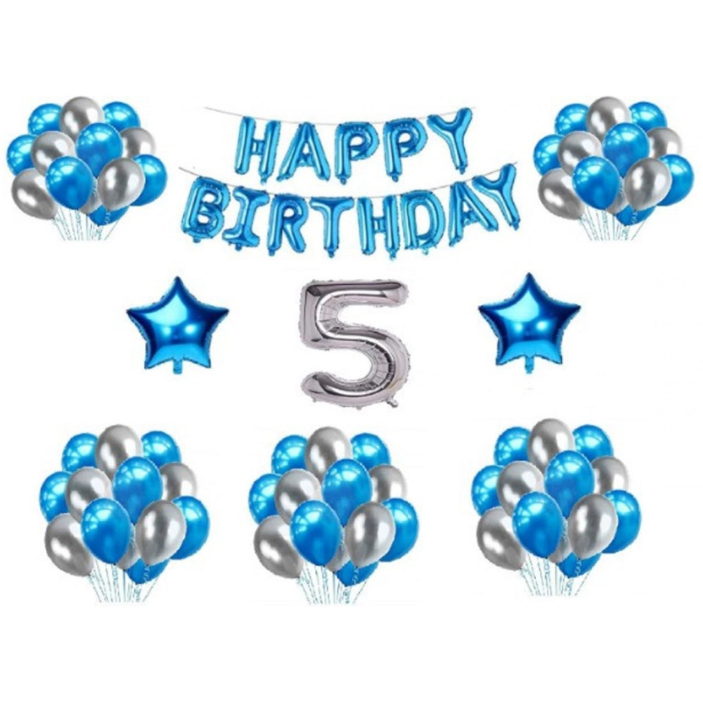 Blue & Silver 5th Happy Birthday Decoration Combo with Foil and Star Balloons, eco-friendly, non-toxic, celebratory
