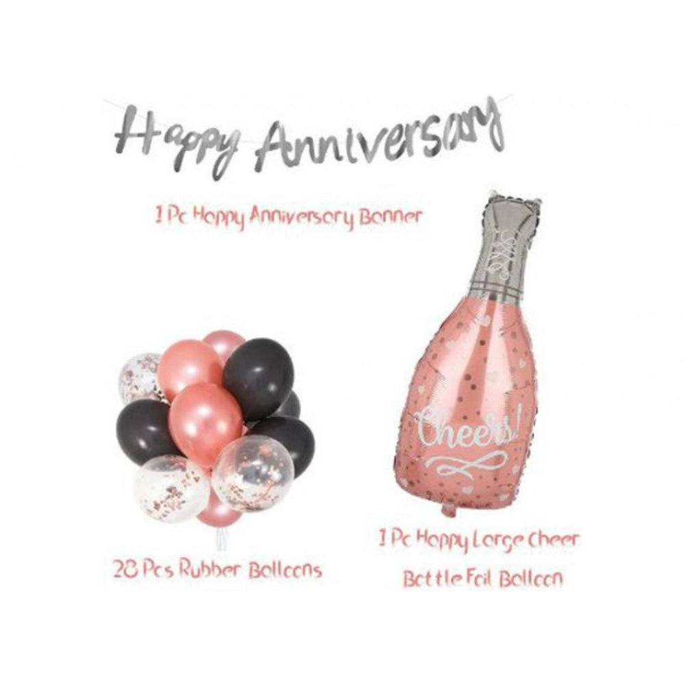 Rose Gold Happy Anniversary Decoration Set with Cheer Foil Balloon Bottle & Latex Balloons (12 Rose Gold + 12 Black + 6 Confetti) - Eco-friendly, non-toxic, perfect for happy birthday celebrations