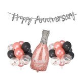 Rose gold Happy Anniversary decoration set with foil balloon bottle & multi-colored latex balloons, eco-friendly, non-toxic for birthday celebrations