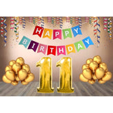 Multicolor Happy Birthday decoration combo with foil banner, gold balloons, and eco-friendly