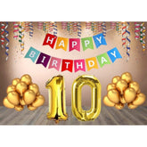 Multicolor Happy Birthday decoration combo with foil banner, gold balloons, eco-friendly and safe for children