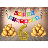 Multicolor Happy Birthday decoration combo with foil banner, balloons, and number, safe for kids parties