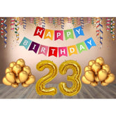 Multicolor Happy Birthday decoration combo with golden foil banner, includes 30 gold balloons and non-toxic banner for eco-friendly celebrations