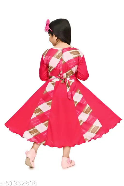 Pink checked pattern cotton blend maxi dress for girls, round neck, long sleeves, fit & flare silhouette, perfect for parties