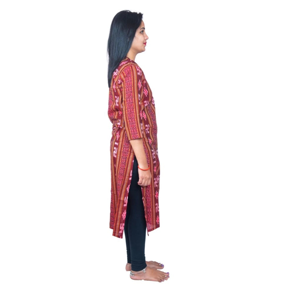 Maroon pure cotton Sambalpuri handloom straight kurti with 3/4th sleeves and key hole neck