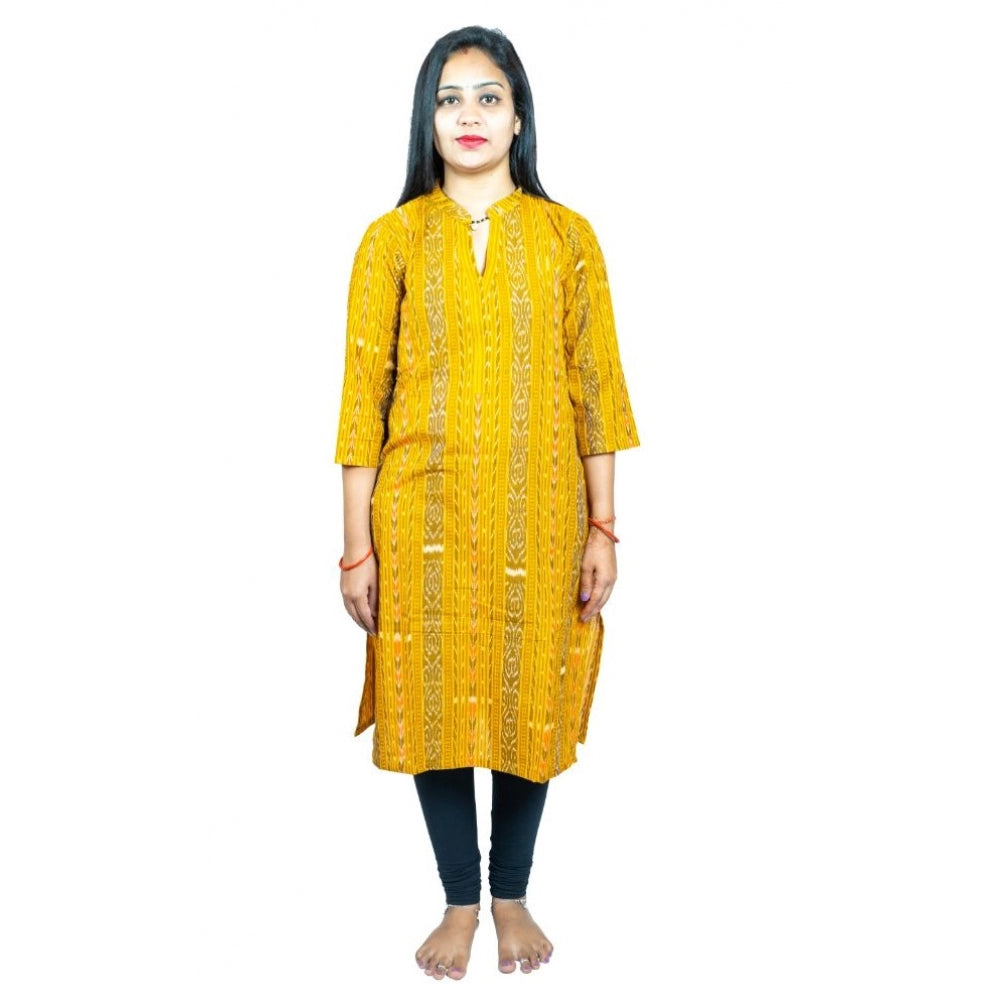 Yellow pure cotton women's Sambalpuri handloom straight kurti with 3/4th sleeves, high neck design