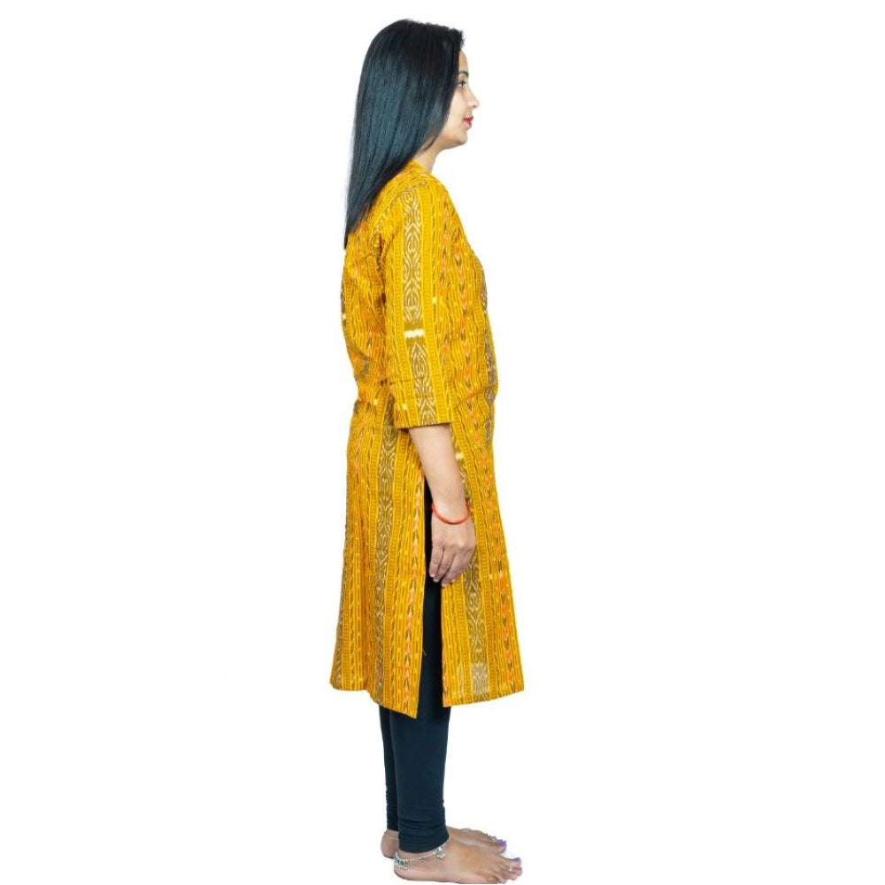 Yellow pure cotton straight kurti with 3/4th sleeves, high neck - Sambalpuri handloom certified for women's traditional wear
