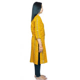 Yellow pure cotton straight kurti with 3/4th sleeves, high neck - Sambalpuri handloom certified for women's traditional wear