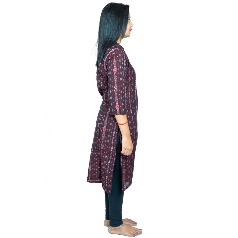 Brown pure cotton Sambalpuri straight kurti with 3/4th sleeves and high neck, handloom certified for traditional elegance