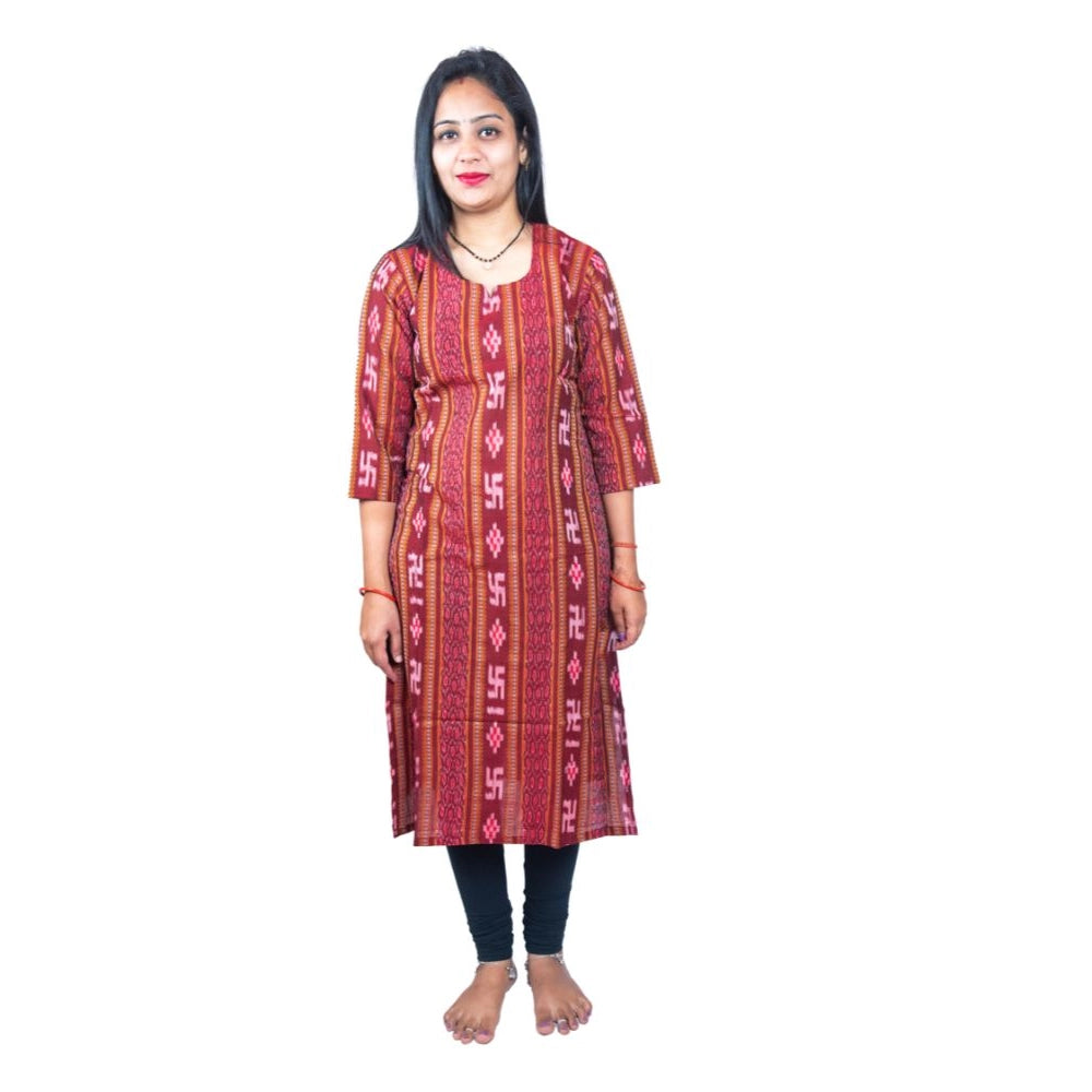 Maroon pure cotton Sambalpuri handloom straight kurti with 3/4th sleeves and key hole neck