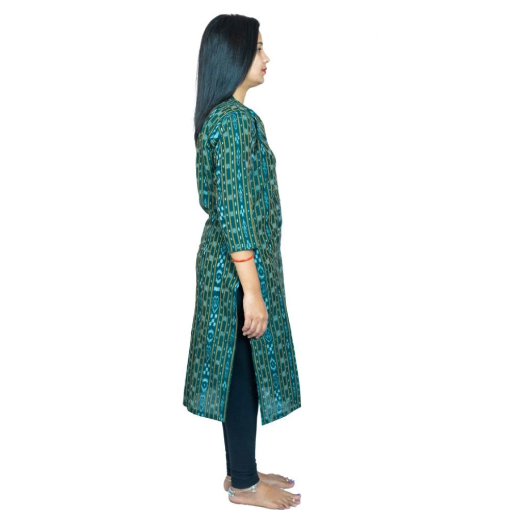 Green pure cotton straight kurti, Sambalpuri certified handloom for women, 3/4th sleeve, high neck design