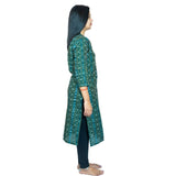 Green pure cotton straight kurti, Sambalpuri certified handloom for women, 3/4th sleeve, high neck design