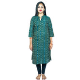 Green pure cotton Sambalpuri certified handloom straight kurti, 3/4th sleeve, high neck