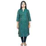 Green pure cotton Sambalpuri certified handloom straight kurti, 3/4th sleeve, high neck