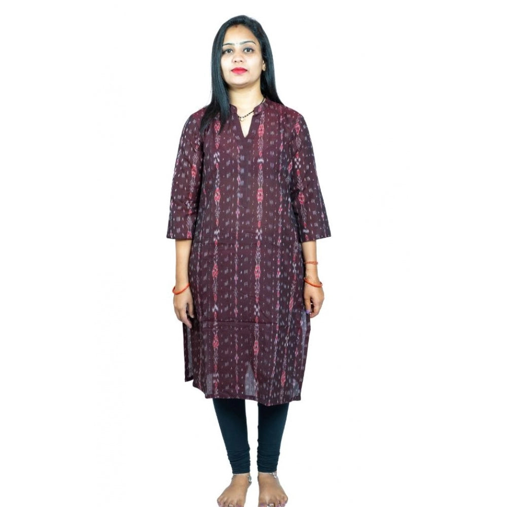 Brown pure cotton straight kurti with 3/4th sleeves and high neck, Sambalpuri certified handloom design