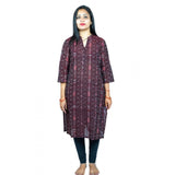 Brown pure cotton straight kurti with 3/4th sleeves and high neck, Sambalpuri certified handloom design
