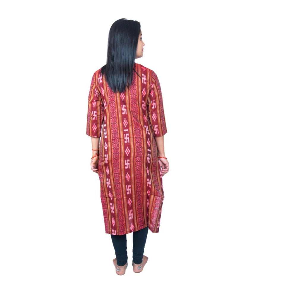 Maroon pure cotton Sambalpuri handloom straight kurti with key hole neck, 3/4th sleeve