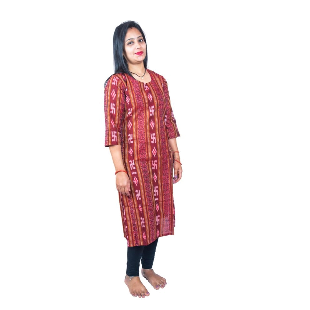 Maroon pure cotton Sambalpuri handloom straight kurti, comfortable and stylish women's traditional wear