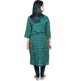 Green pure cotton women's Sambalpuri handloom straight kurti with 3/4th sleeve and high neck, perfect for traditional events