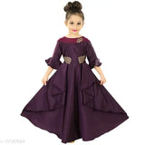 Silk blend ethnic party gown for kids, solid net, three-quarter sleeves. Indian traditional wear