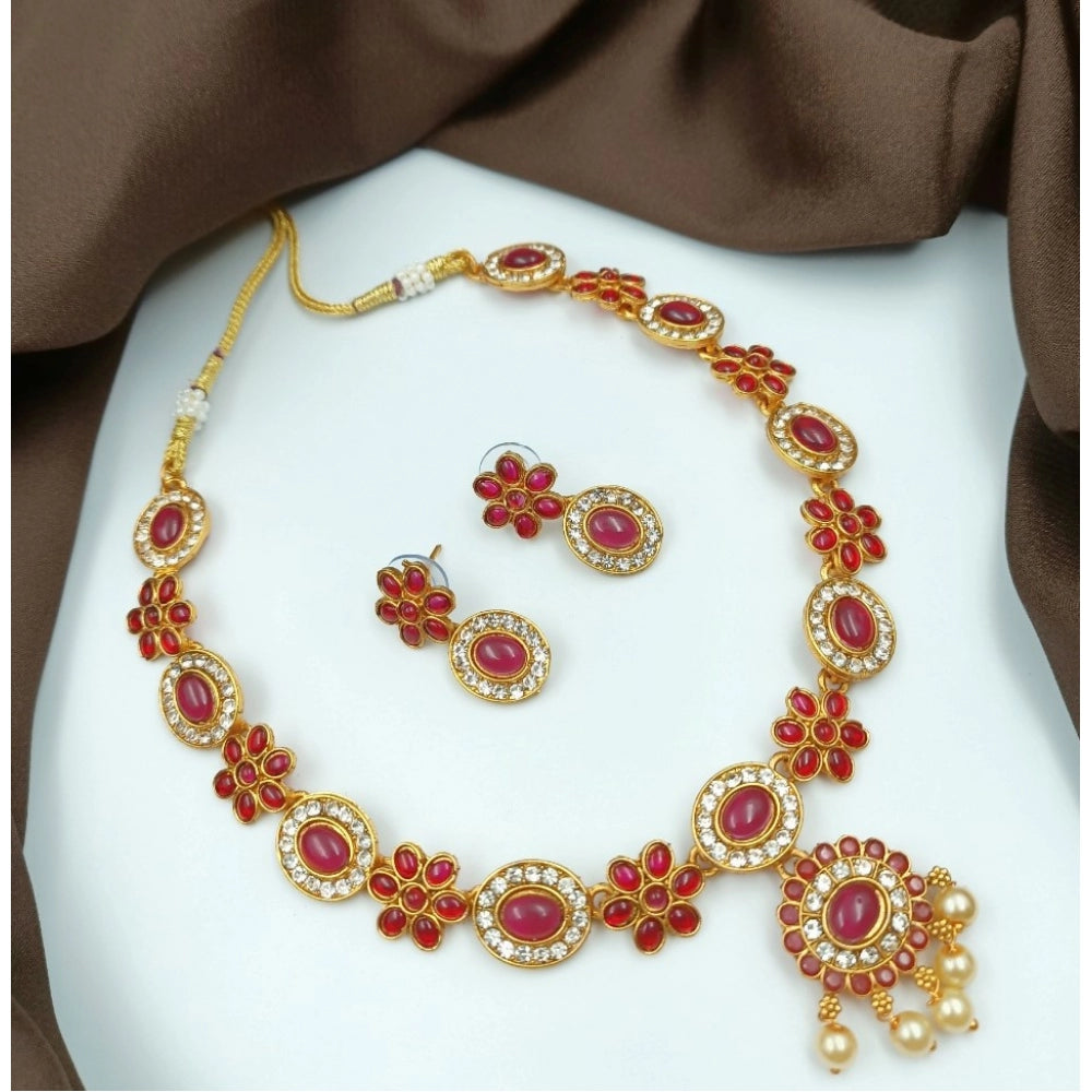 Red gold plated traditional necklace set & earrings (free size), timeless women's jewelry on display