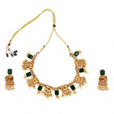 Women's Gold Plated Necklace and Earrings Set with Mang Tikka (Green, Free Size)