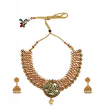 Women's Gold Plated Necklace and Earrings Set with Meenakari Work (Green, Free Size)