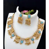 Women's Gold Plated Necklace and Earrings Set with Mang Tikka (Blue, Free Size)