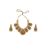 Women's Goddess Glamour Gold Plated Temple Necklace and Jhumka Set (Green, Free Size)