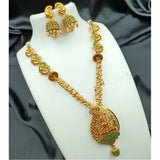 Green gold-plated brass traditional temple necklace set with earrings for women, intricate design on display