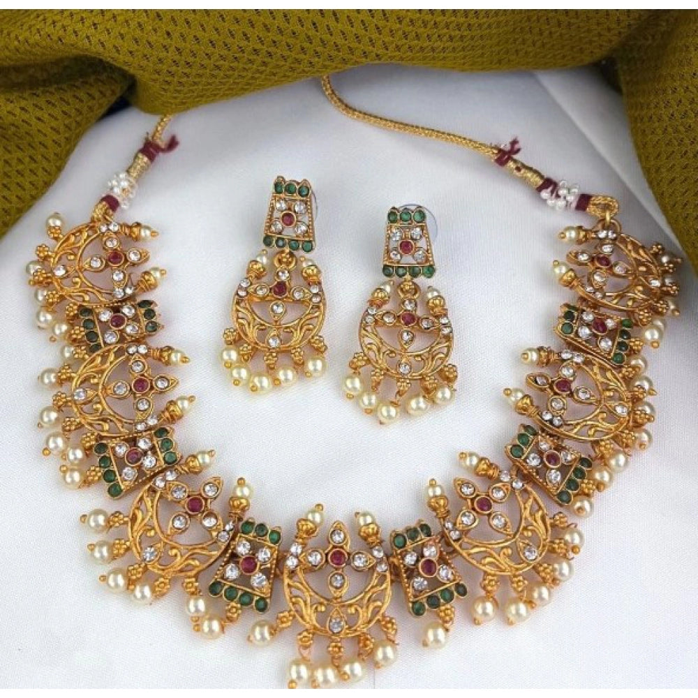 Multi-colored gold plated brass ethnic style necklace set for women, free size with variations in color due to lighting conditions