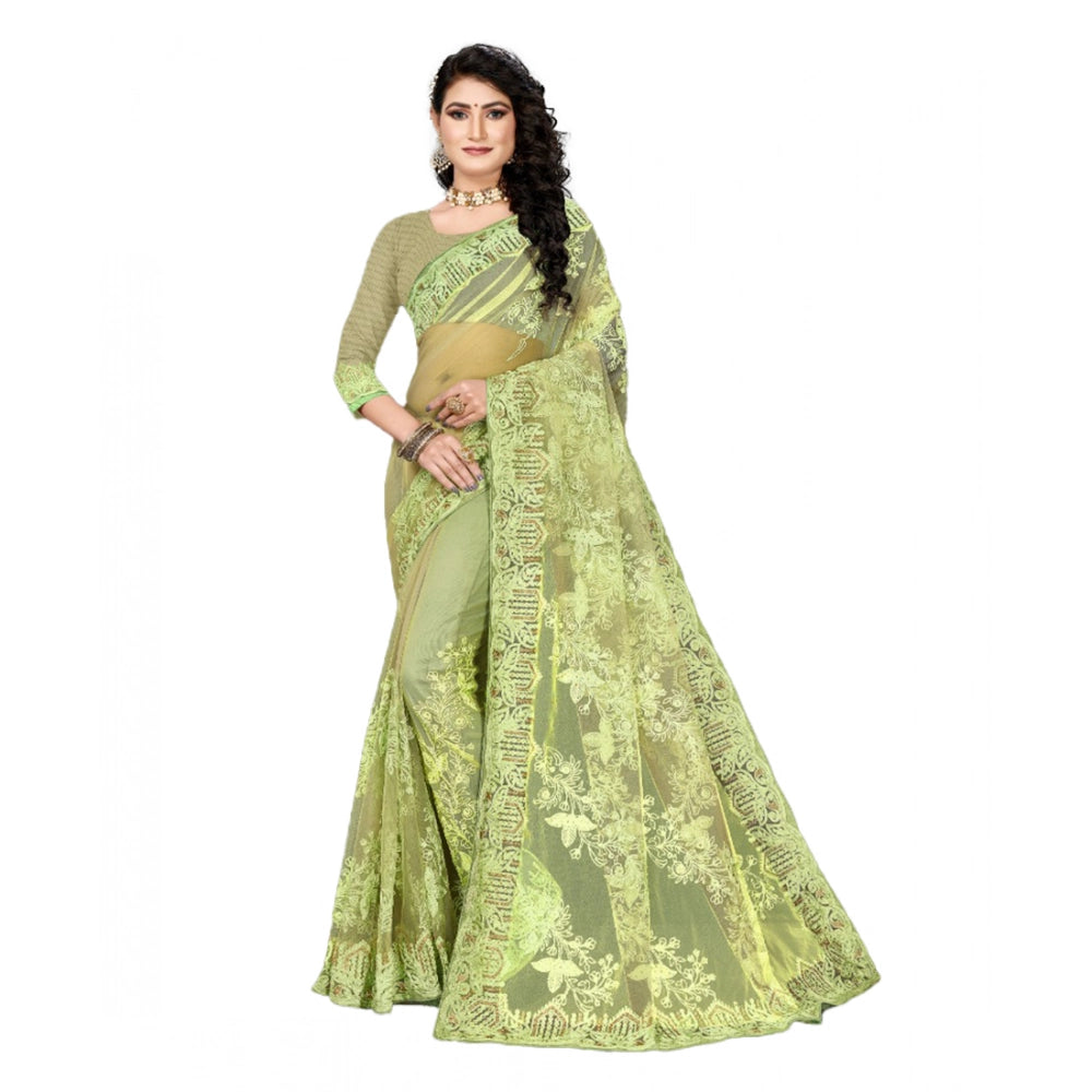Pista green net saree with unstitched blouse for women, 5-6 meters length for casual or festive wear