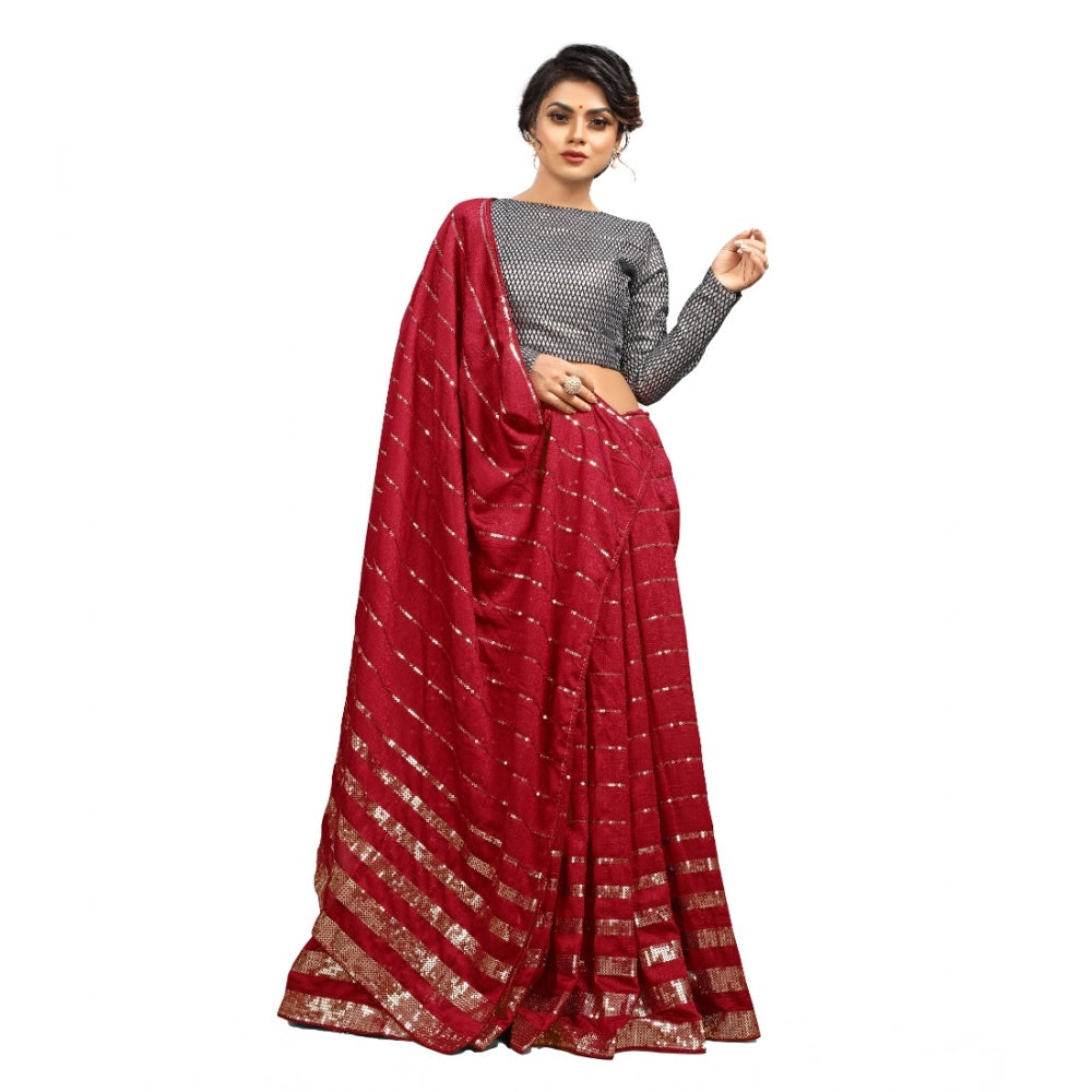 Red Vichitra saree with unstitched brocade blouse, sequence work and printed design for party occasions