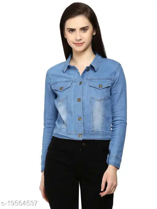 Denim solid waistcoat for trendy fashionista women, long sleeves, sizes S, M, L, XL