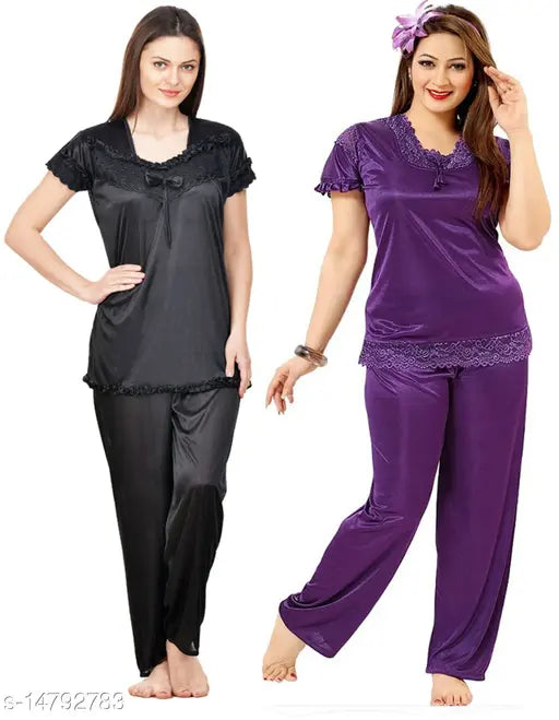 Women's solid satin night suit set, free size, short-sleeved pyjamas made in India