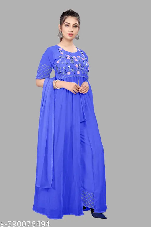 Indian Georgette gown set with dupatta, fancy silk design and embroidery, three-quarter sleeves, XS-XXXL sizes