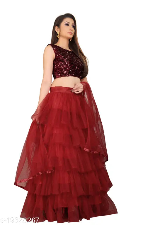 Red plain net Yozty ceremonial wear A-line lehenga with sequined blouse, embellished and ruffled dupatta, semi-stitched (38in/70in), Indian origin