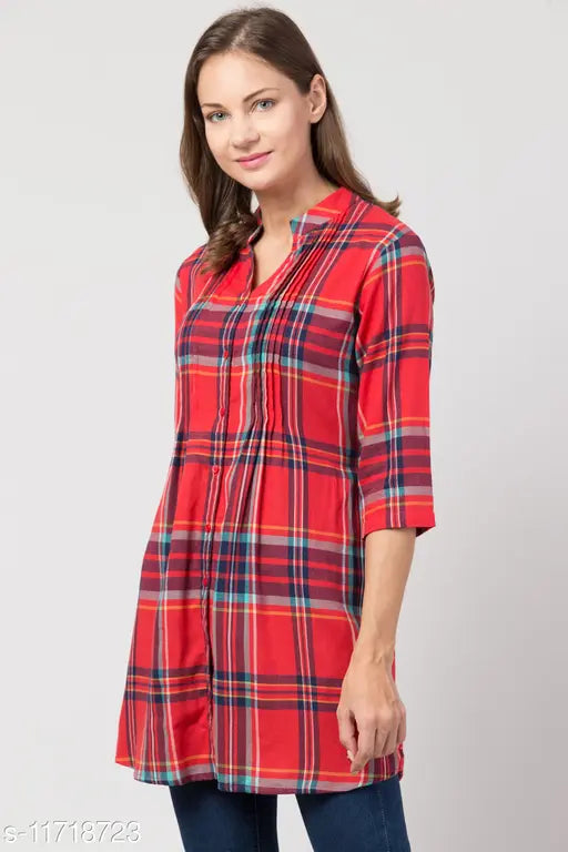 Red cotton women's tunic with three-quarter sleeves and checkered print, size XS or S, made in India