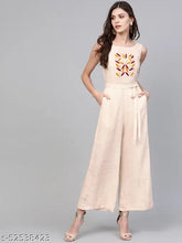 Rayon sleeveless embroidered net printed jumpsuit for women, front embellishment and separate belt with center back zip closure. Indian-origin fashion accessory