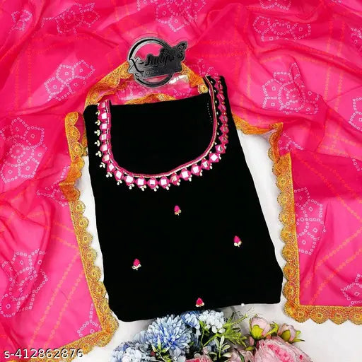 Black bandhani Georgette dupatta, solid net, long sleeves, Indian traditional wear