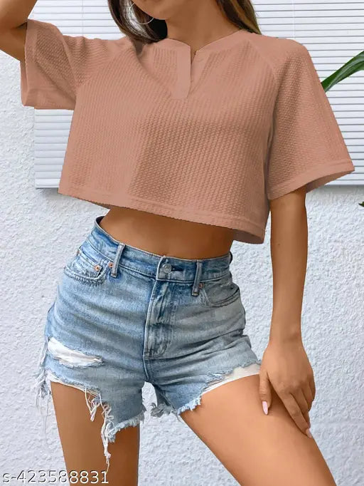 Women's Modal Waffle Cotton Cropped Top, Solid Design, Festival wear, Size S (Bust 36in)