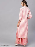 Cotton Kurta & Palazzo: Pink printed net ethnic wear, straight-cut kurti with 3/4 sleeves, elastic waistband palazzo for comfortable ease. Indian made