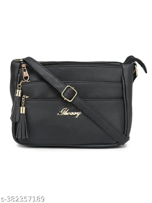 Glossy PU sling bag for women & girls, features 5 zip compartments, ideal accessory for fashionable looks