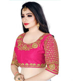 Pink ultra satin ready-made blouse with half sleeves, free size up to 34 inches, suitable for casual, festive, or party wear