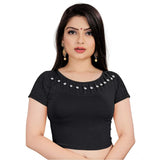 Black cotton lycra women's half sleeve blouse, free size up to 34 inches for casual, festive, or party occasions