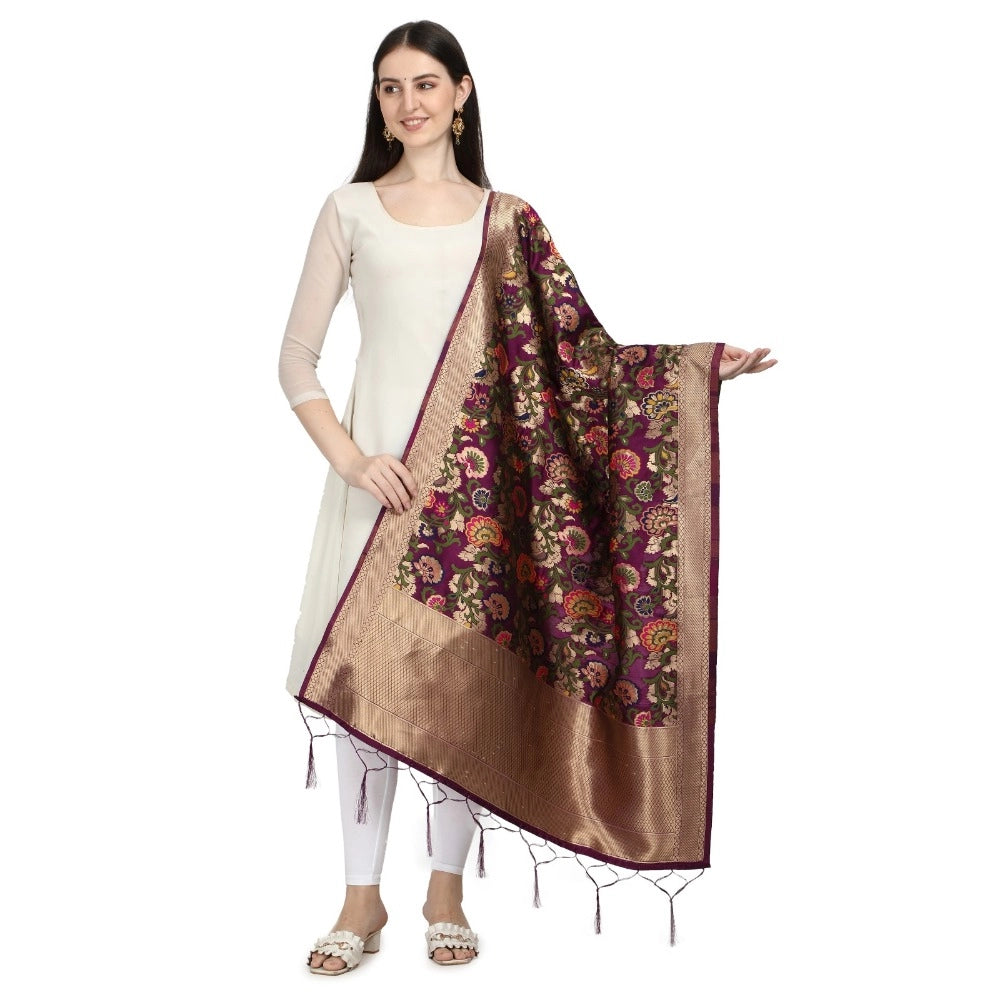 Brown silk Zari weaving Duppatta for traditional wear, 223 meters length with 36-inch width on display