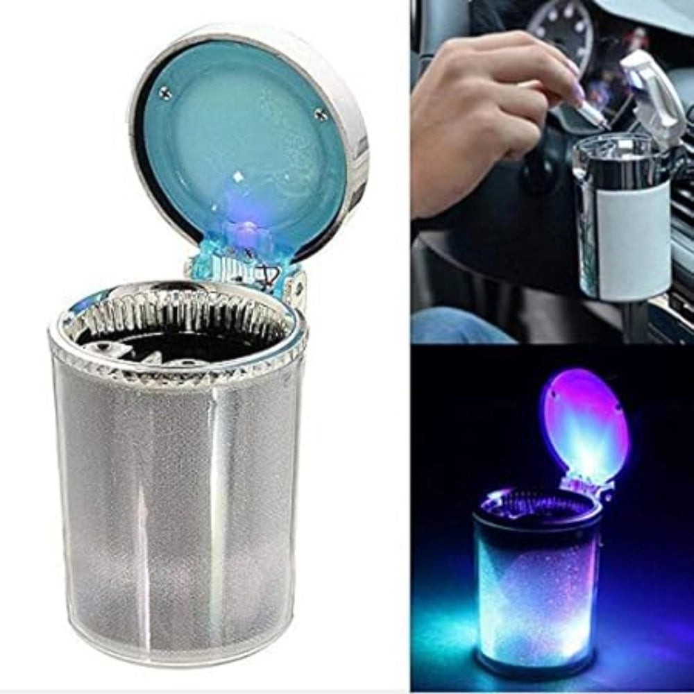 Multi-colored designer car ash tray with blue LED light, elegantly fits cup holder, extinguishes and reduces secondhand smoke